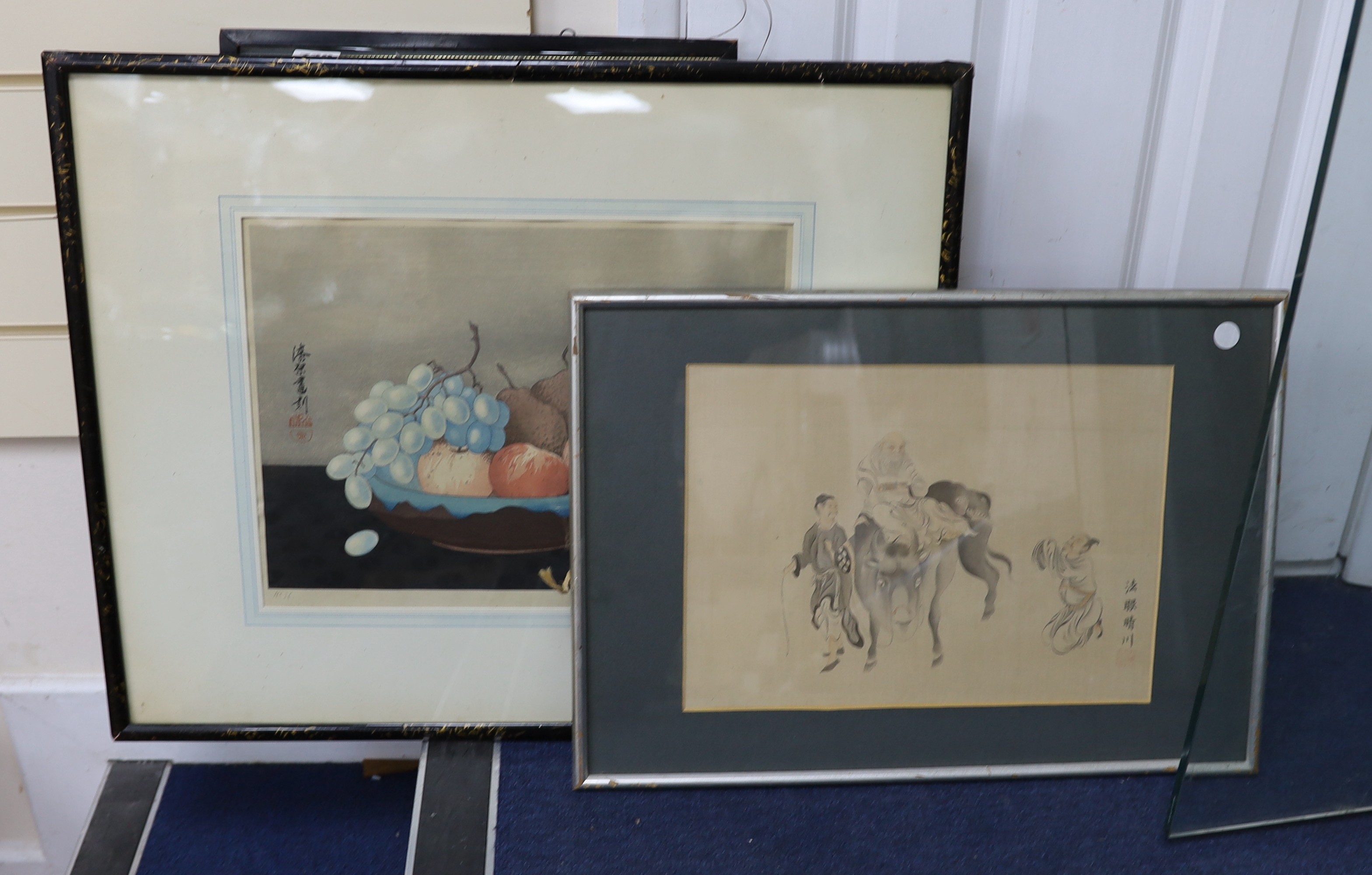 Japanese School, four assorted woodblock prints including an Urushibara still life, 29 x 38cm, with a Chinese print of a sage riding a buffalo